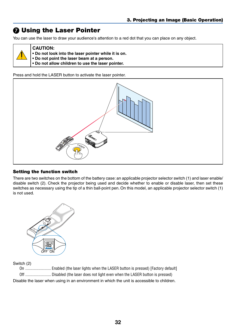 7) using the laser pointer, Setting the function switch, Using the laser pointer | NEC LT380 User Manual | Page 42 / 133