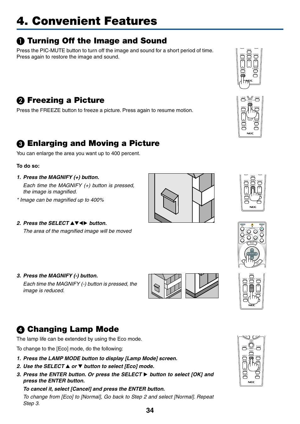 Convenient features, 1) turning off the image and sound, 2) freezing a picture | 3) enlarging and moving a picture, 4) changing lamp mode, Turning off the image and sound, Freezing a picture, ᕣ enlarging and moving a picture, ᕤ changing lamp mode | NEC LT380 User Manual | Page 44 / 133