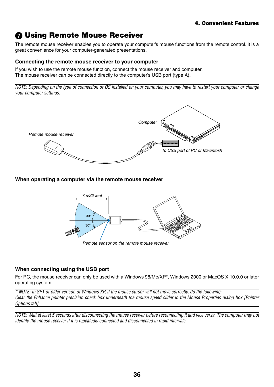 7) using remote mouse receiver, ᕧ using remote mouse receiver | NEC LT380 User Manual | Page 46 / 133