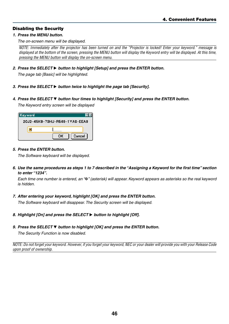 Disabling the security | NEC LT380 User Manual | Page 56 / 133