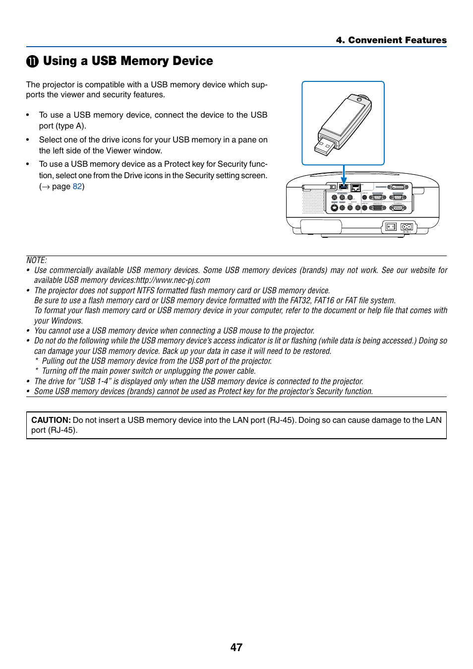 11) using a usb memory device, Convenient features | NEC LT380 User Manual | Page 57 / 133