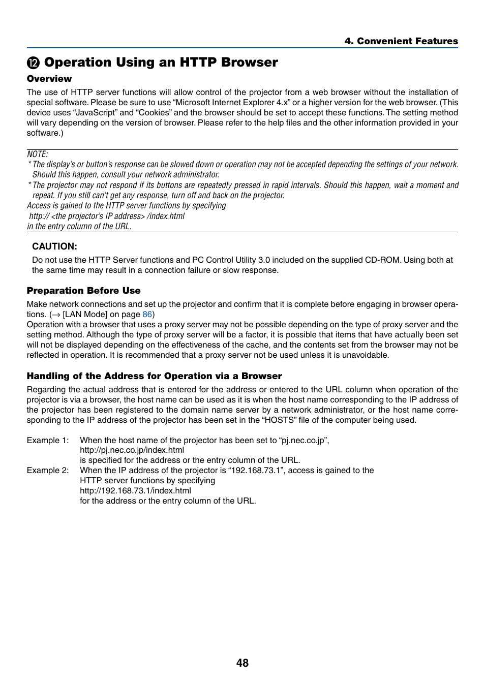 12) operation using an http browser, Overview, Preparation before use | NEC LT380 User Manual | Page 58 / 133