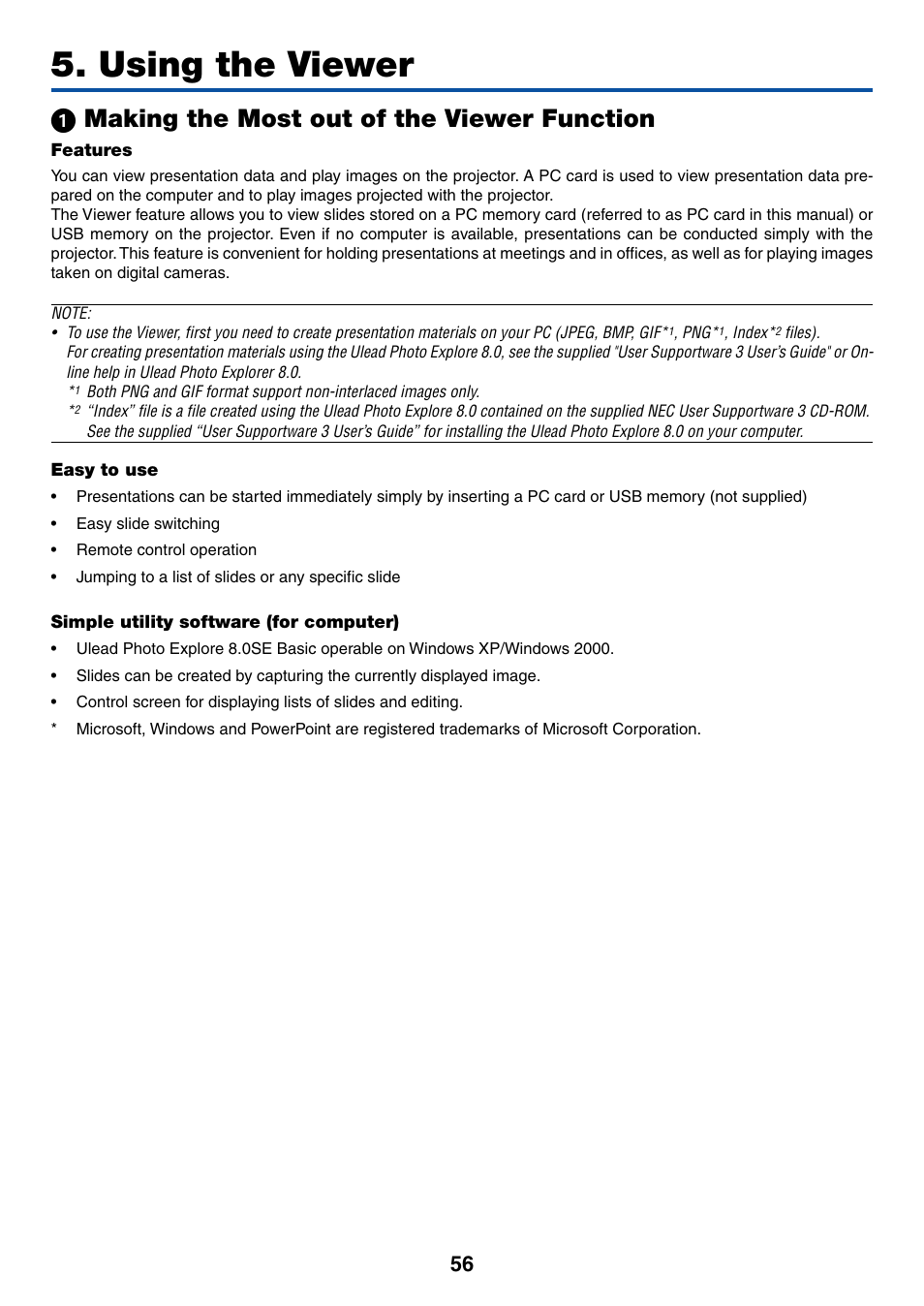 Using the viewer, 1) making the most out of the viewer function, Features | Easy to use, Simple utility software (for computer), ᕡ making the most out of the viewer function | NEC LT380 User Manual | Page 66 / 133