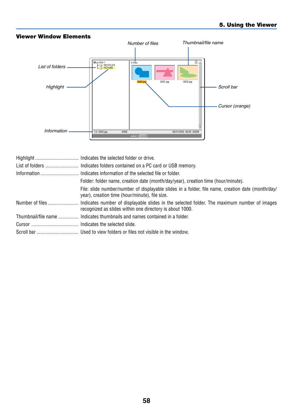 Viewer window elements, Using the viewer | NEC LT380 User Manual | Page 68 / 133