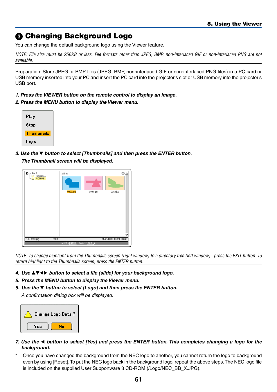 3) changing background logo, ᕣ changing background logo, Using the viewer | NEC LT380 User Manual | Page 71 / 133