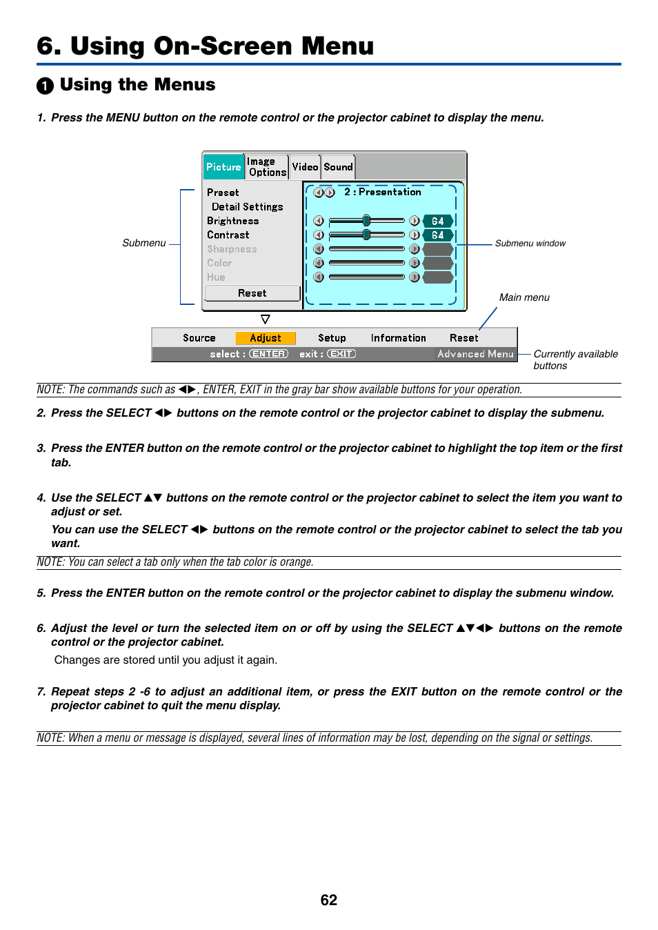 Using on-screen menu, 1) using the menus, ᕡ using the menus | NEC LT380 User Manual | Page 72 / 133