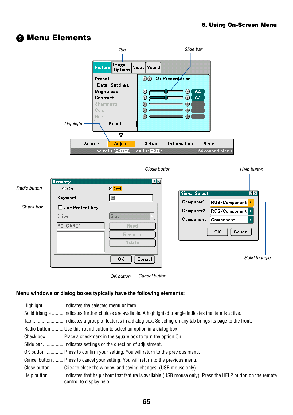 3) menu elements, ᕣ menu elements | NEC LT380 User Manual | Page 75 / 133