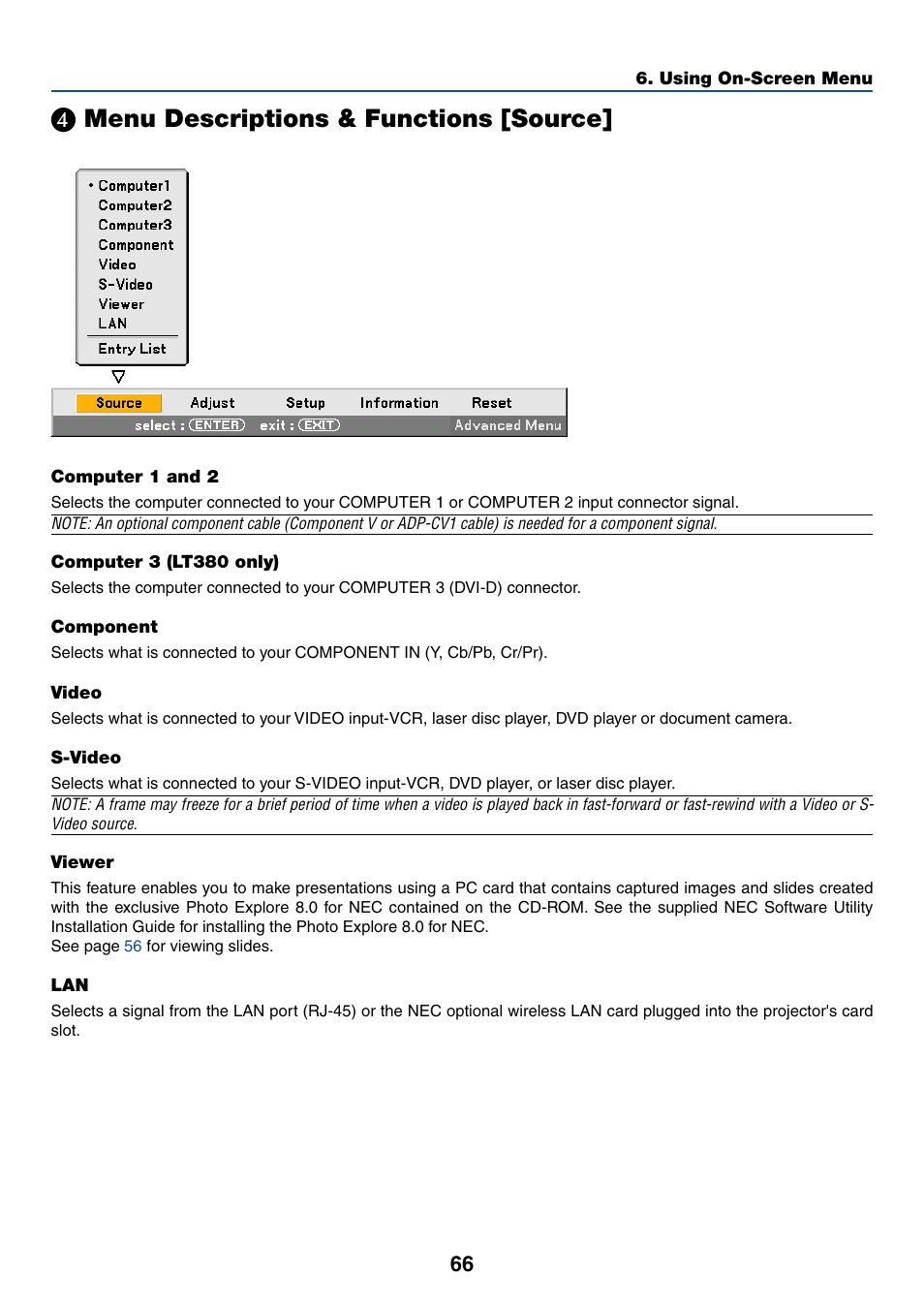 4) menu descriptions & functions [source, Computer 1 and 2, Computer 3 (lt380 only) | Component, Video, S-video, Viewer, Menu descriptions & functions [source | NEC LT380 User Manual | Page 76 / 133