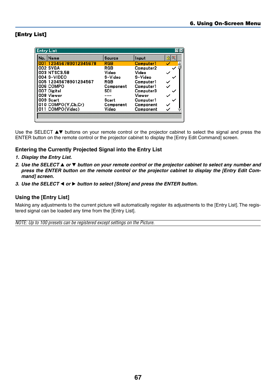 Entry list, Using the [entry list | NEC LT380 User Manual | Page 77 / 133