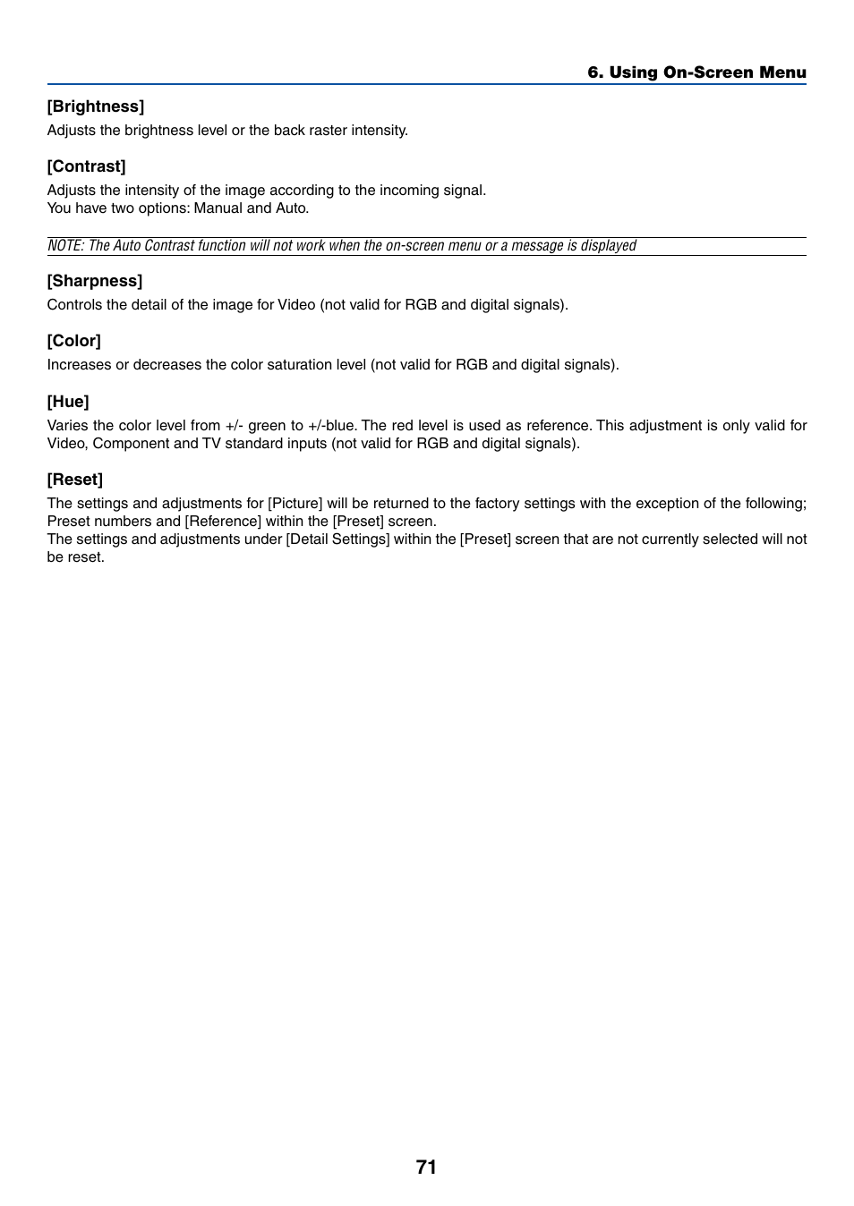 Brightness, Contrast, Sharpness | Color, Reset | NEC LT380 User Manual | Page 81 / 133