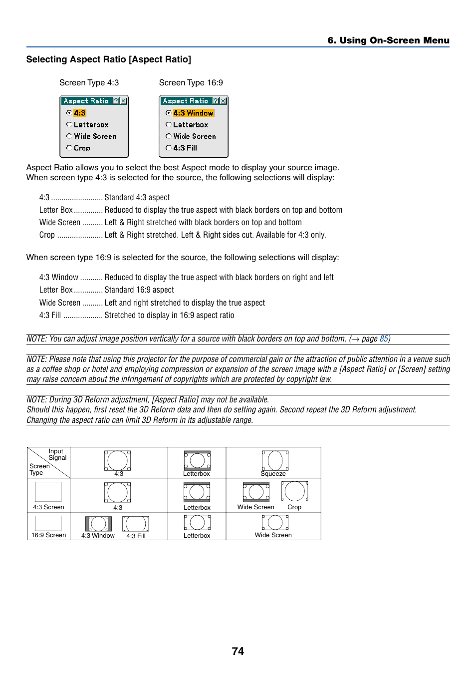 Selecting aspect ratio [aspect ratio | NEC LT380 User Manual | Page 84 / 133