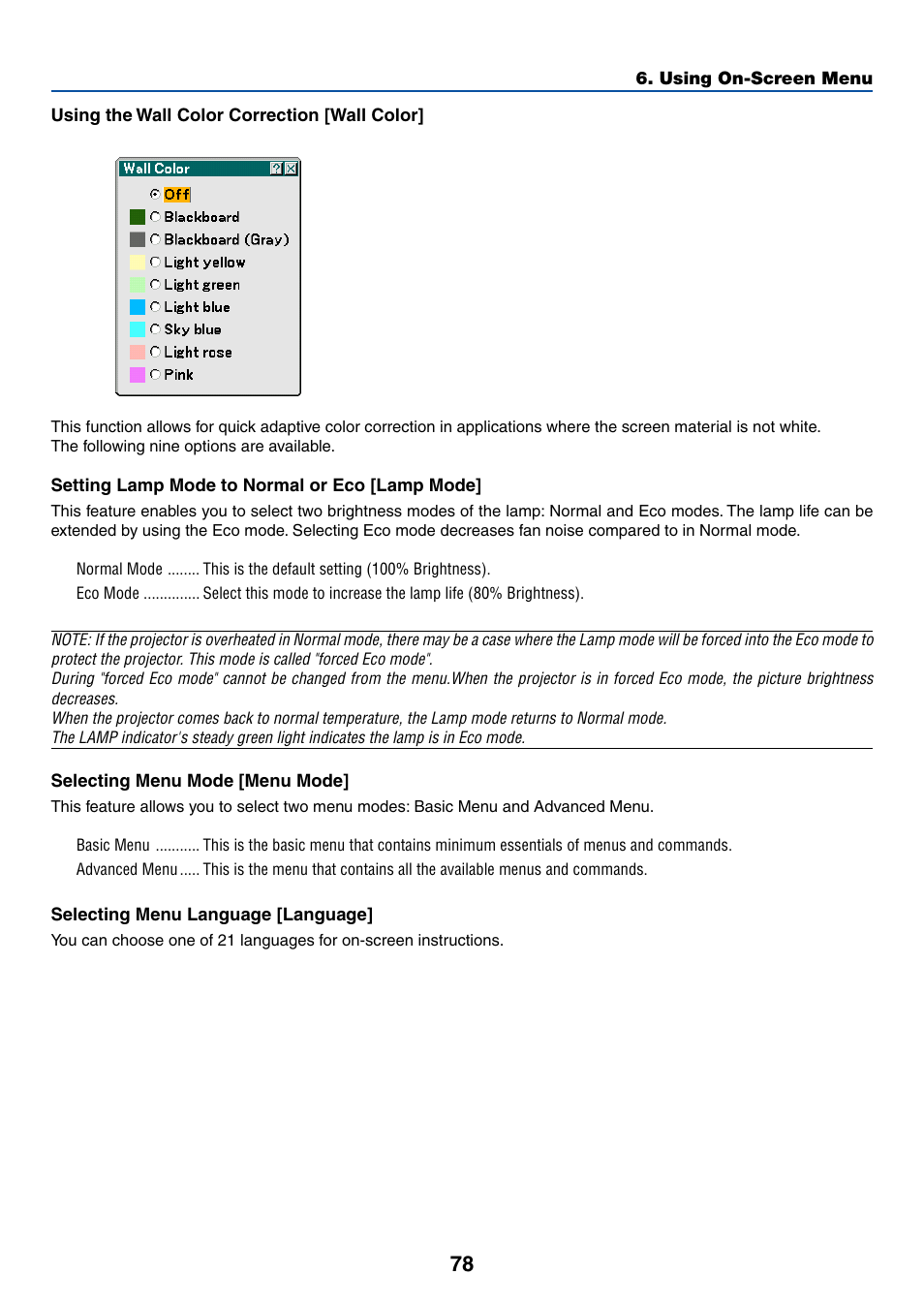 Using the wall color correction [wall color, Setting lamp mode to normal or eco [lamp mode, Selecting menu mode [menu mode | Selecting menu language [language | NEC LT380 User Manual | Page 88 / 133