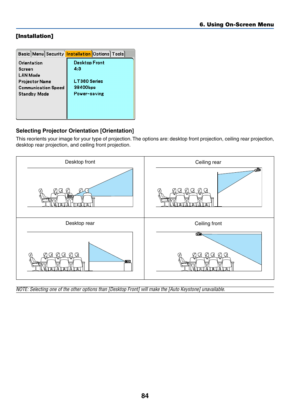 Installation, Selecting projector orientation [orientation | NEC LT380 User Manual | Page 94 / 133