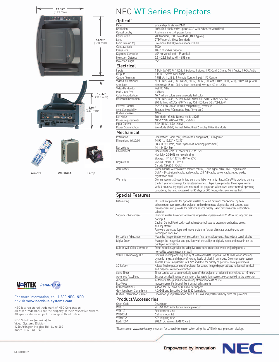 Nec wt series projectors, Optical, Electrical | Mechanical, Special features, Product/accessories | NEC WT User Manual | Page 2 / 2
