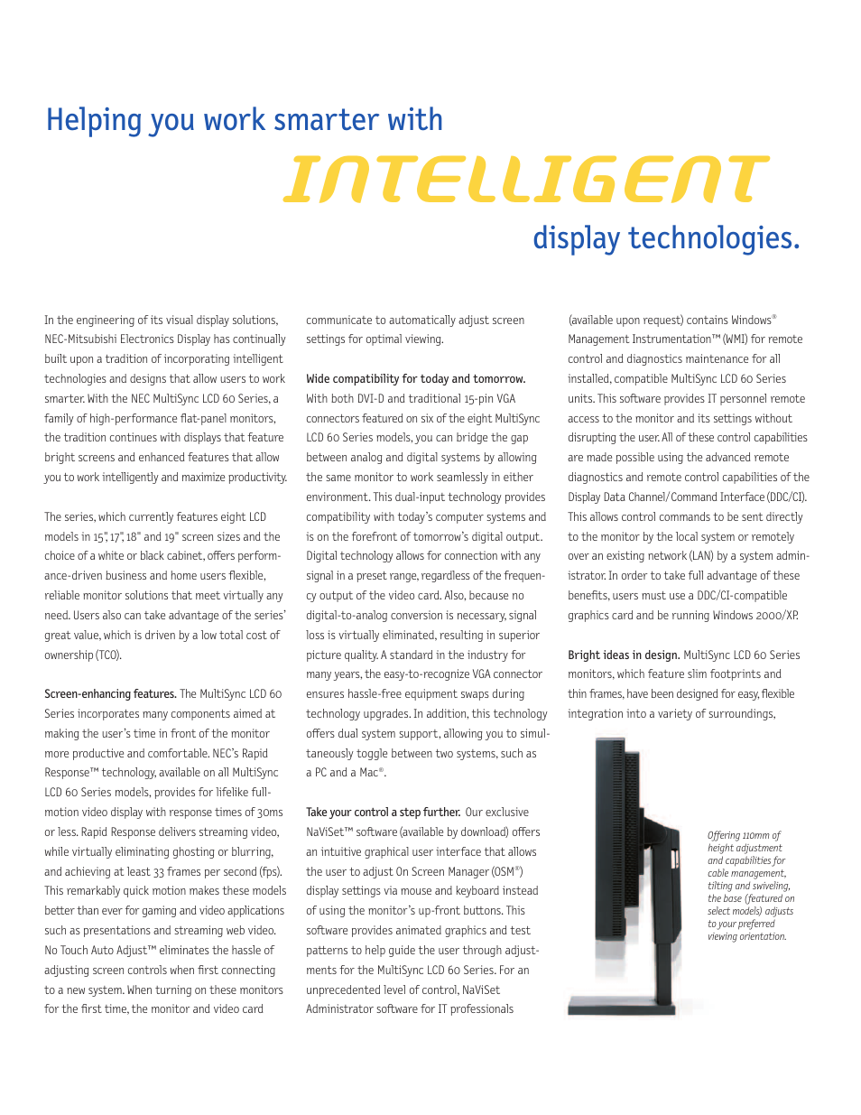 Intelligent, Helping you work smarter with, Display technologies | NEC 60 User Manual | Page 2 / 4