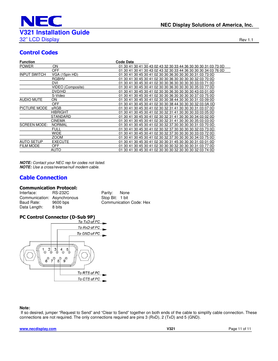 V321 installation guide, 32” lcd display, Control codes | Cable connection | NEC V321 User Manual | Page 11 / 11