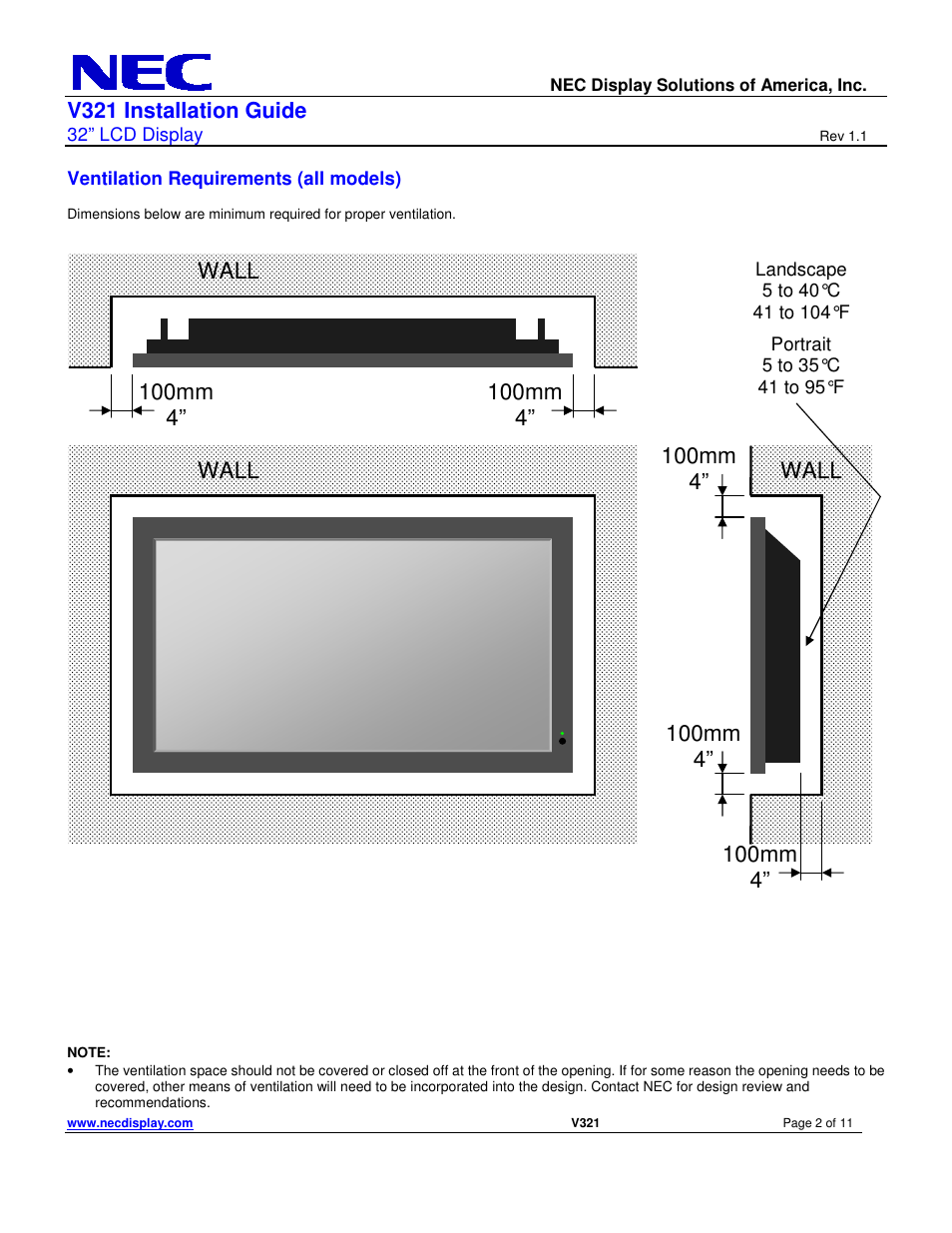 Wall, V321 installation guide | NEC V321 User Manual | Page 2 / 11