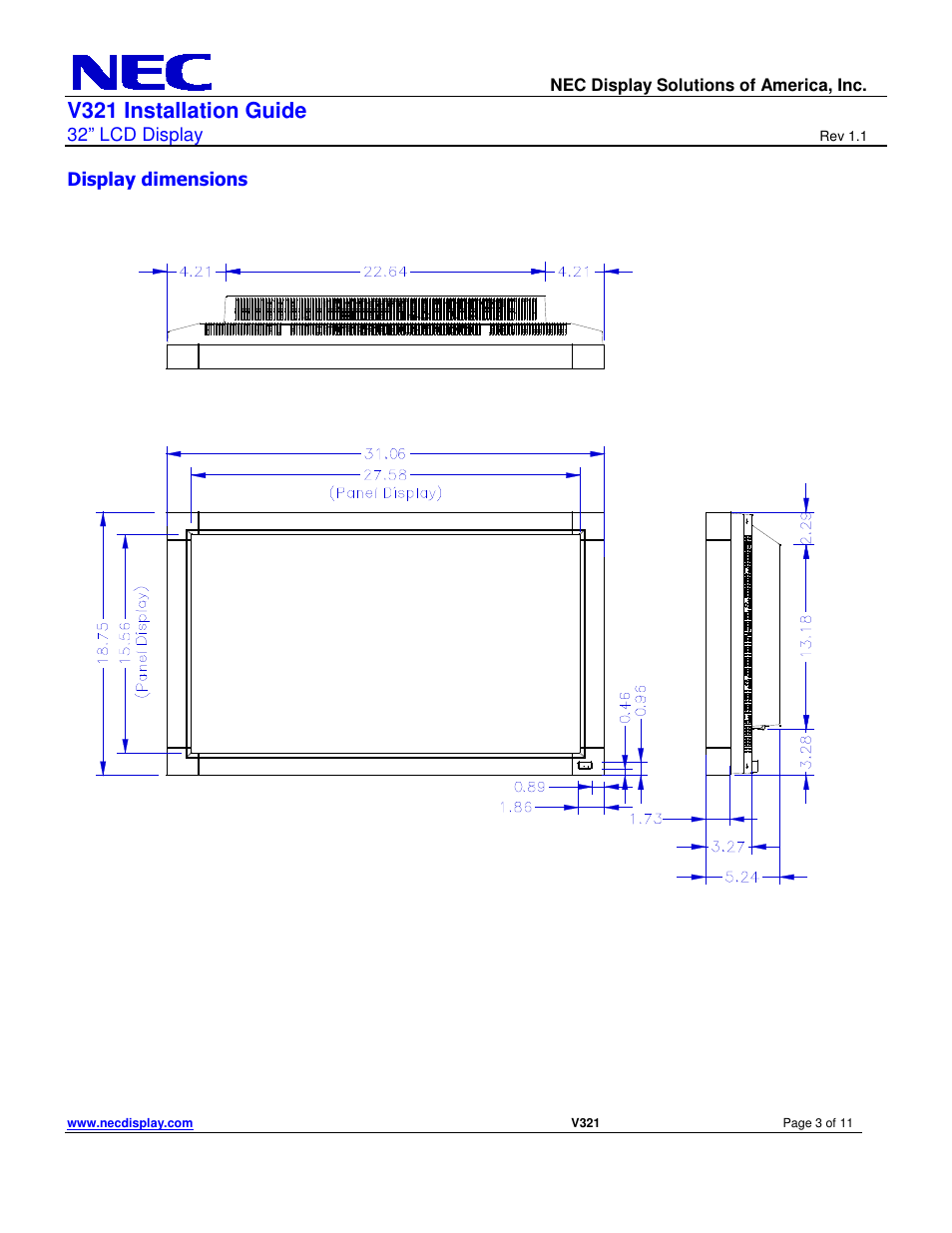V321 installation guide, 32” lcd display, Display dimensions | NEC V321 User Manual | Page 3 / 11