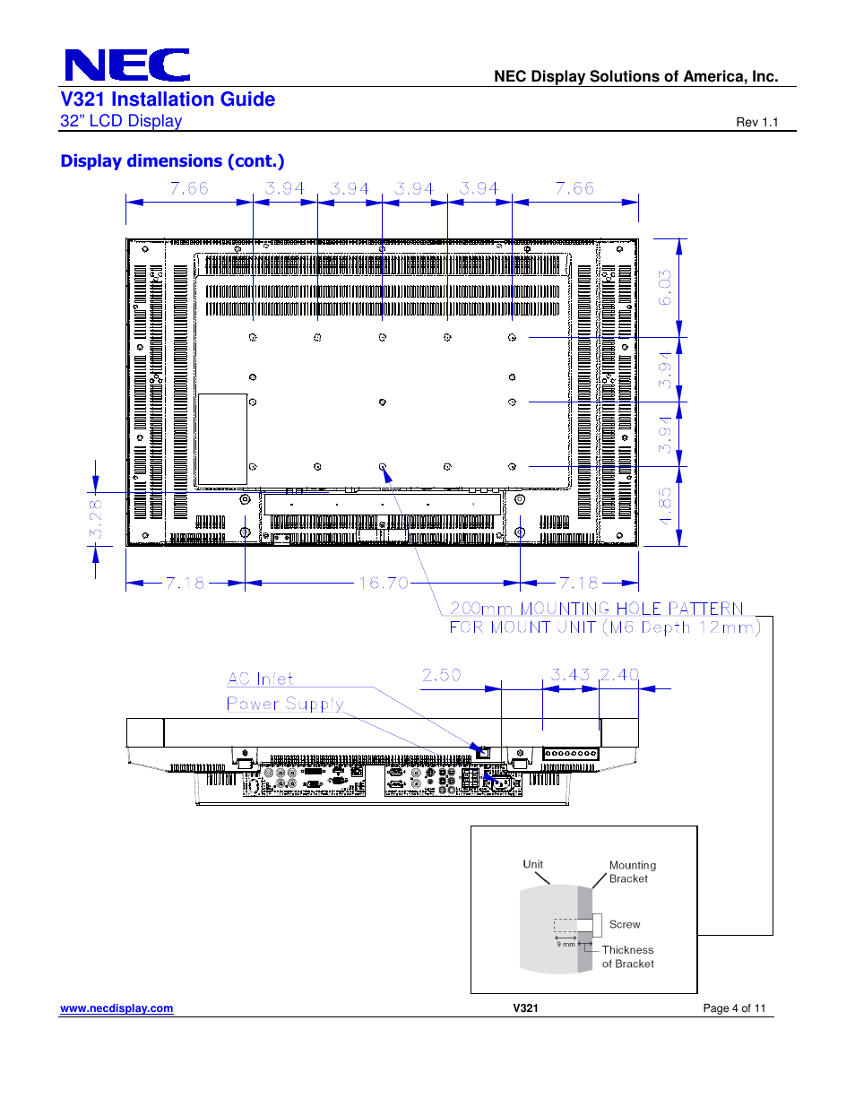 V321 installation guide, 32” lcd display, Display dimensions (cont.) | NEC V321 User Manual | Page 4 / 11