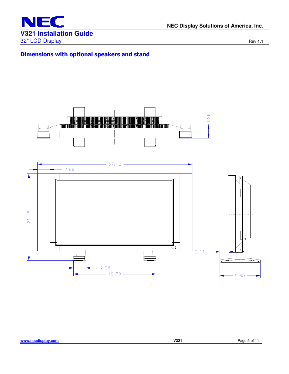 V321 installation guide, 32” lcd display, Dimensions with optional speakers and stand | NEC V321 User Manual | Page 5 / 11