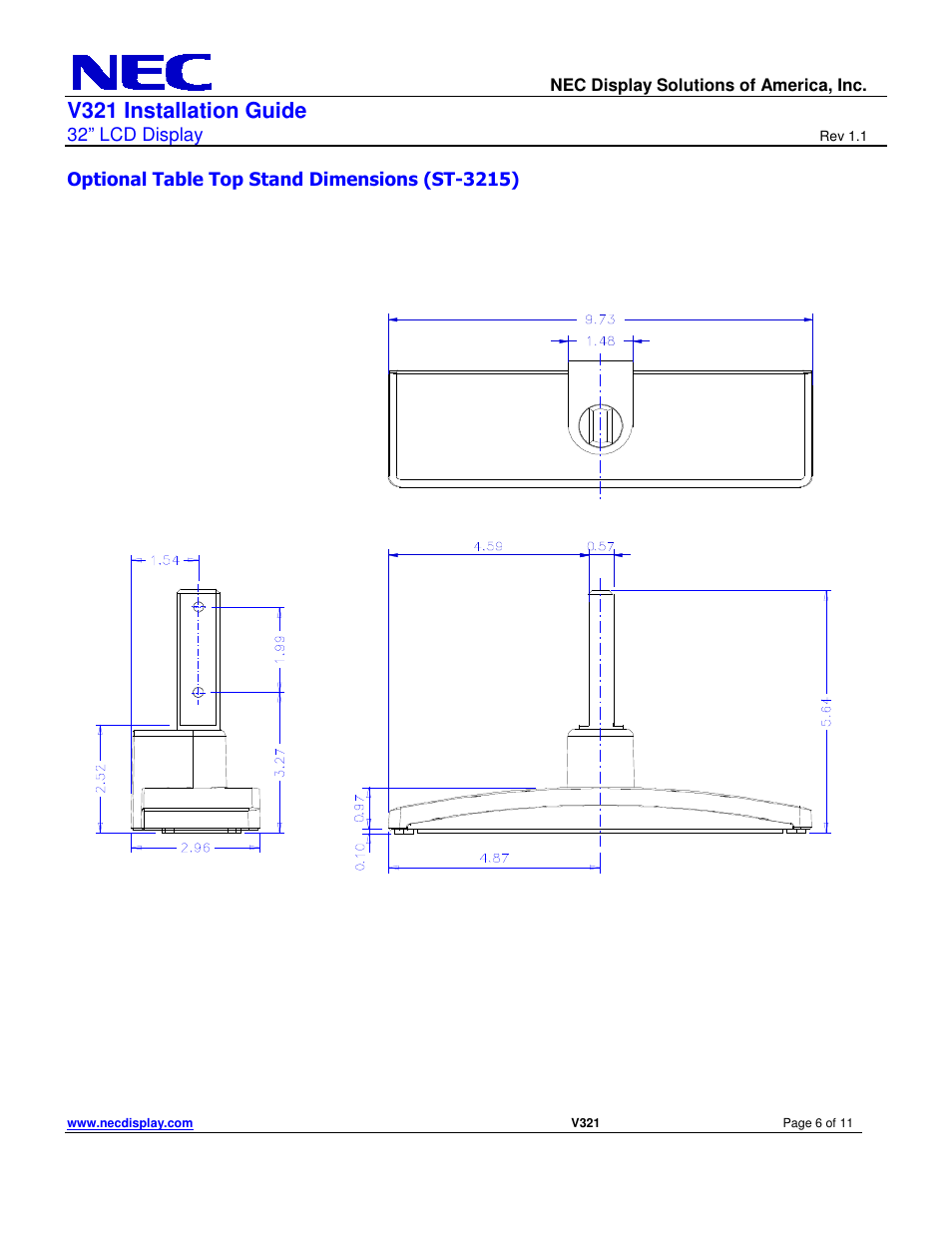 V321 installation guide, 32” lcd display, Optional table top stand dimensions (st-3215) | NEC V321 User Manual | Page 6 / 11