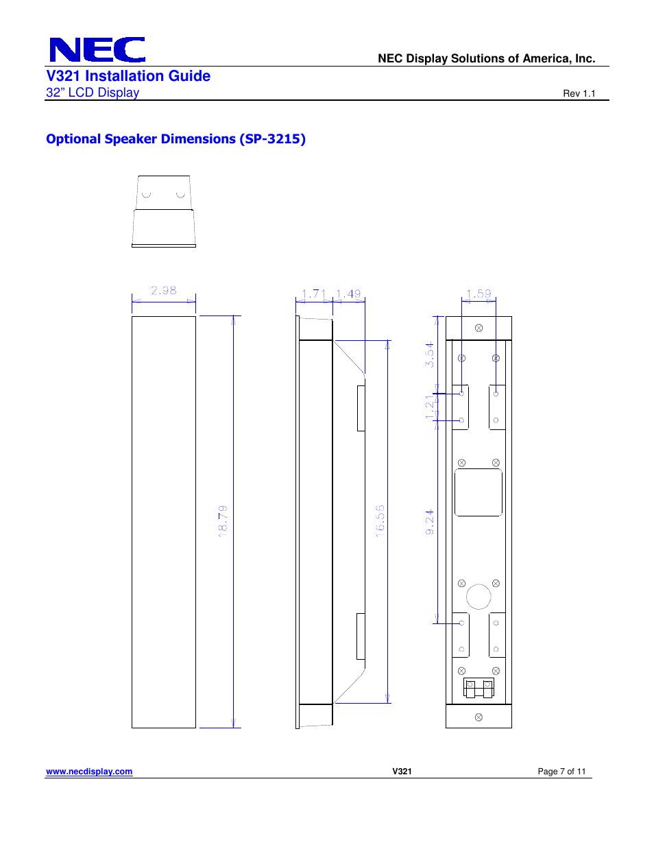 V321 installation guide, 32” lcd display, Optional speaker dimensions (sp-3215) | NEC V321 User Manual | Page 7 / 11