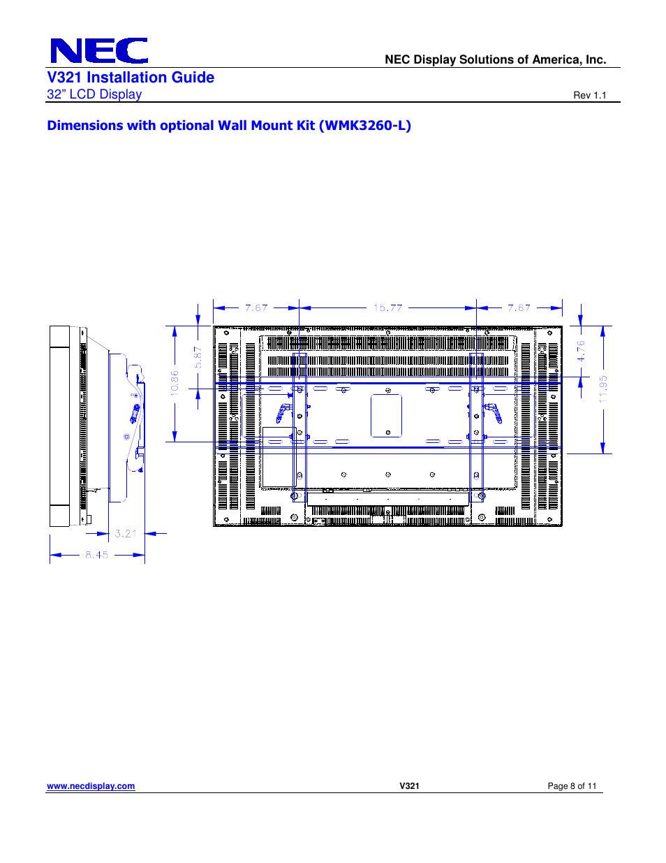V321 installation guide, 32” lcd display | NEC V321 User Manual | Page 8 / 11