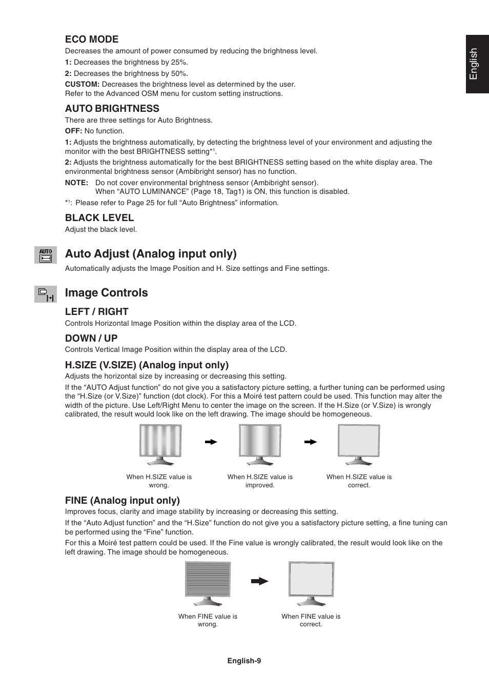 Auto adjust (analog input only), Image controls, English | Eco mode, Auto brightness, Black level, Left / right, Down / up, H.size (v.size) (analog input only), Fine (analog input only) | NEC 2690 User Manual | Page 11 / 29