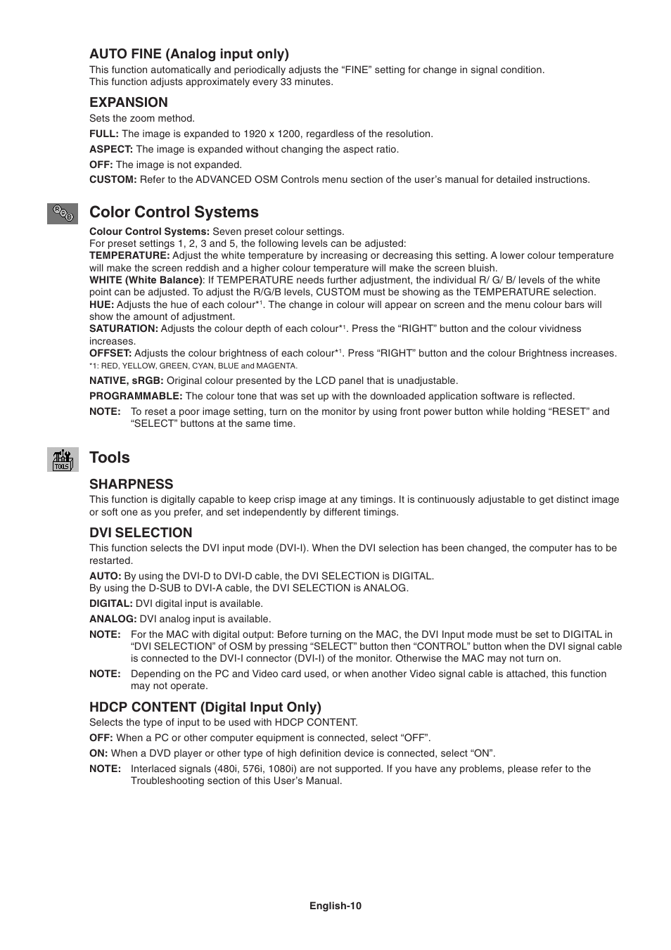 Color control systems, Tools, Auto fine (analog input only) | Expansion, Sharpness, Dvi selection, Hdcp content (digital input only) | NEC 2690 User Manual | Page 12 / 29