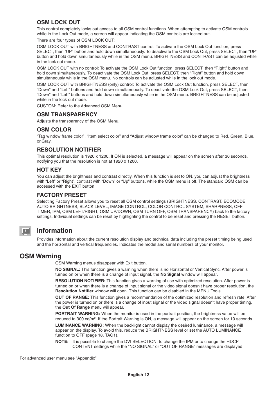 Information, Osm warning, Osm lock out | Osm transparency, Osm color, Resolution notifier, Hot key, Factory preset | NEC 2690 User Manual | Page 14 / 29