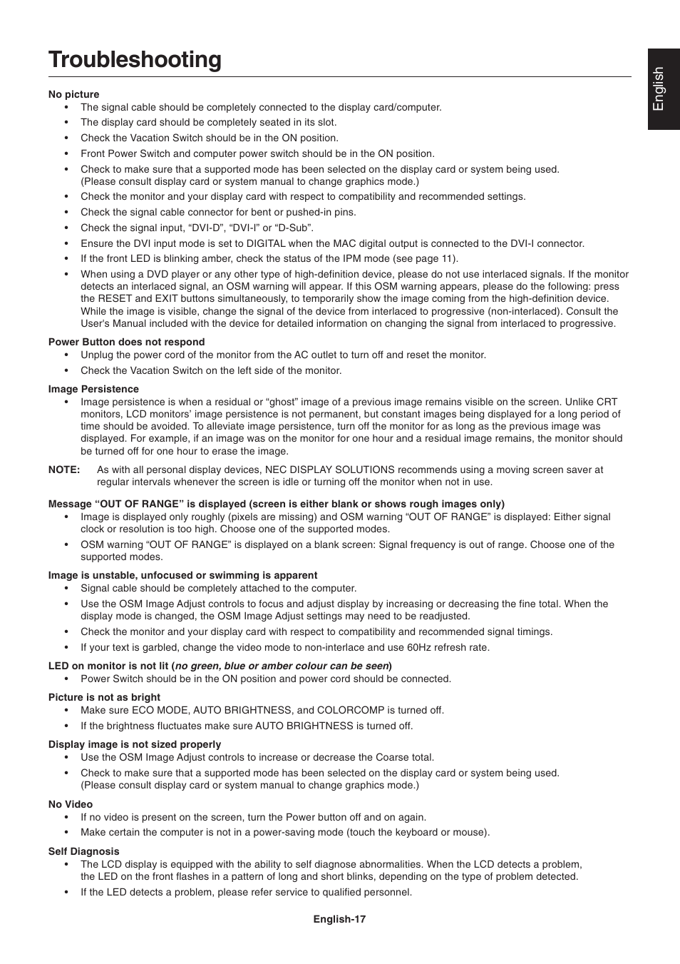 Troubleshooting, English | NEC 2690 User Manual | Page 19 / 29