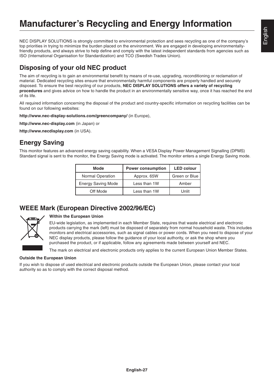 Manufacturer’s recycling and energy information, Disposing of your old nec product, Energy saving | NEC 2690 User Manual | Page 29 / 29