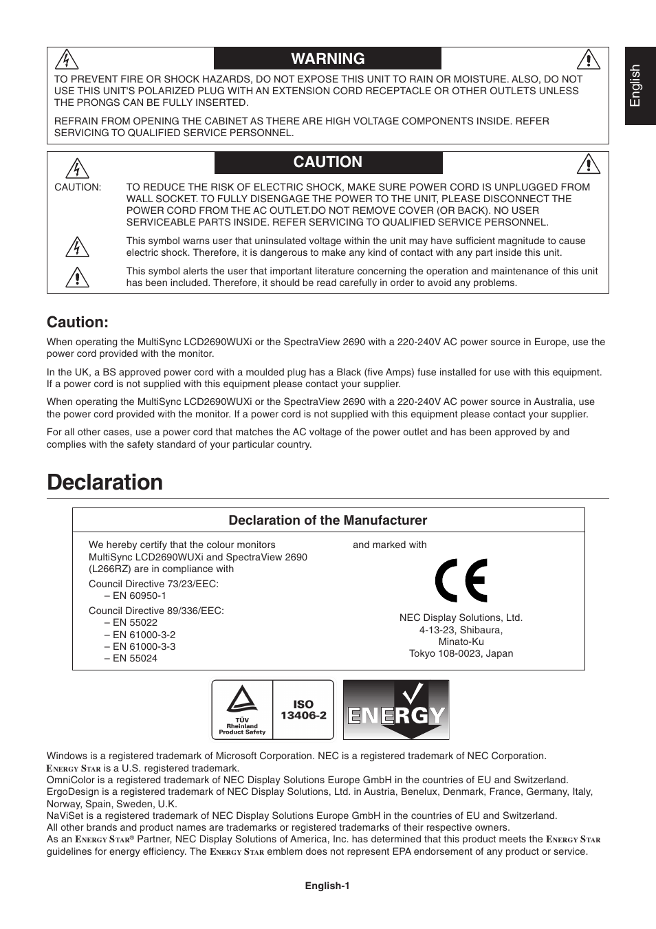 Warning, Caution, Declaration | Warning caution, English, Declaration of the manufacturer | NEC 2690 User Manual | Page 3 / 29