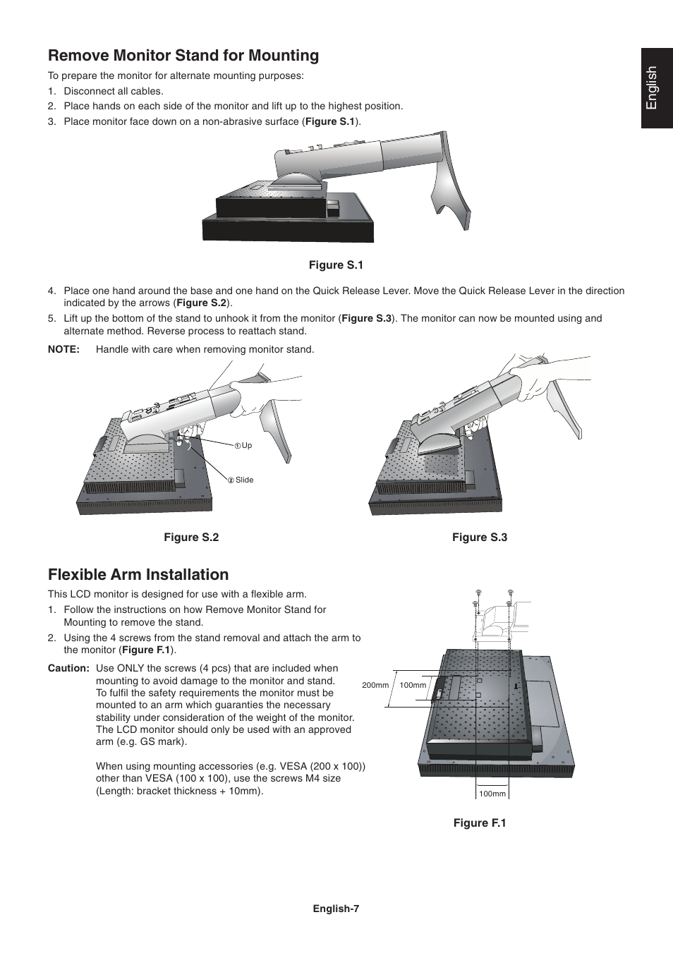 Flexible arm installation, Remove monitor stand for mounting, English | NEC 2690 User Manual | Page 9 / 29