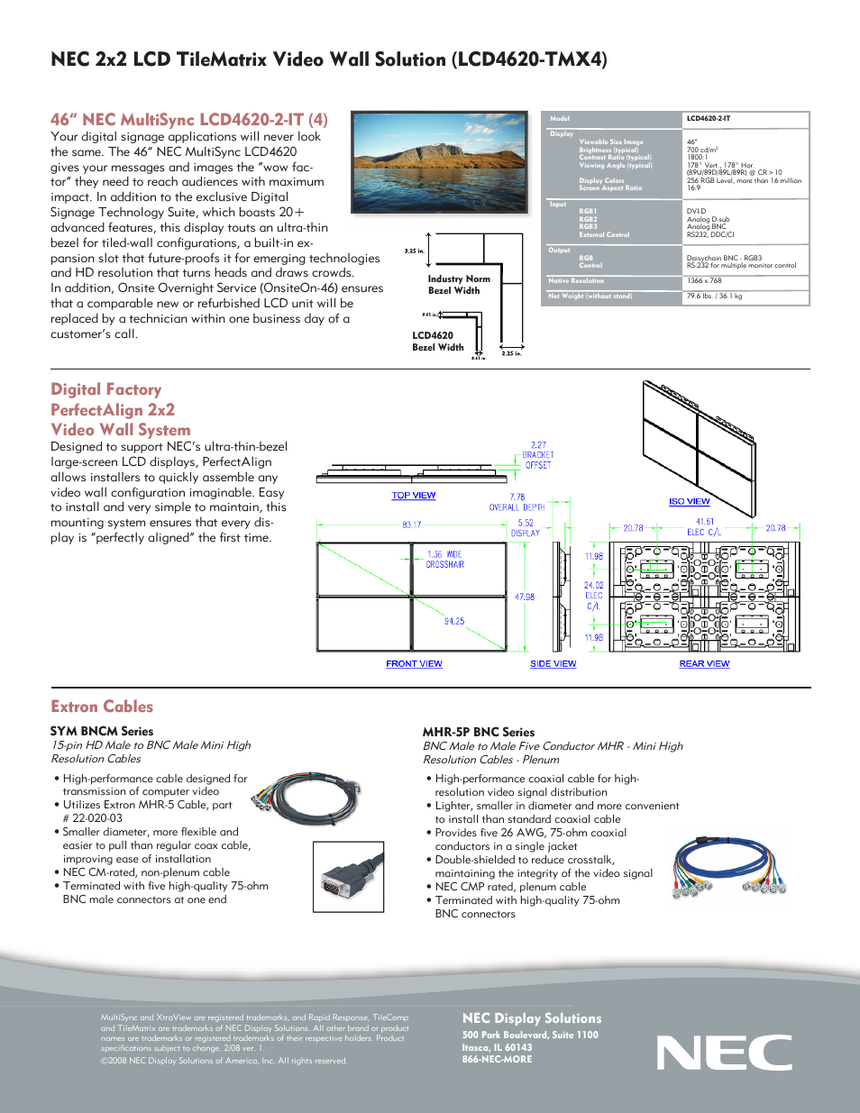 Digital factory perfectalign 2x2 video wall system, Extron cables, Nec display solutions | NEC TileMatrix LCD4620 User Manual | Page 2 / 2