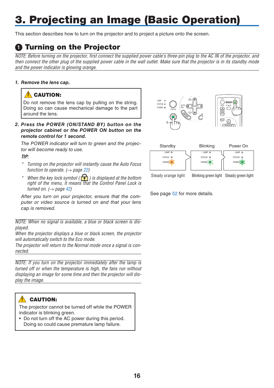 Projecting an image (basic operation), 1) turning on the projector, Turning on the projector | Caution, See page 52 fo r more details | NEC NP40 User Manual | Page 24 / 74