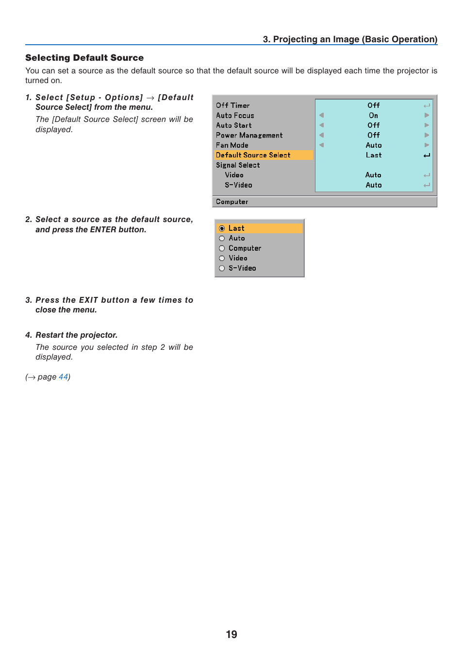 Selecting default source | NEC NP40 User Manual | Page 27 / 74