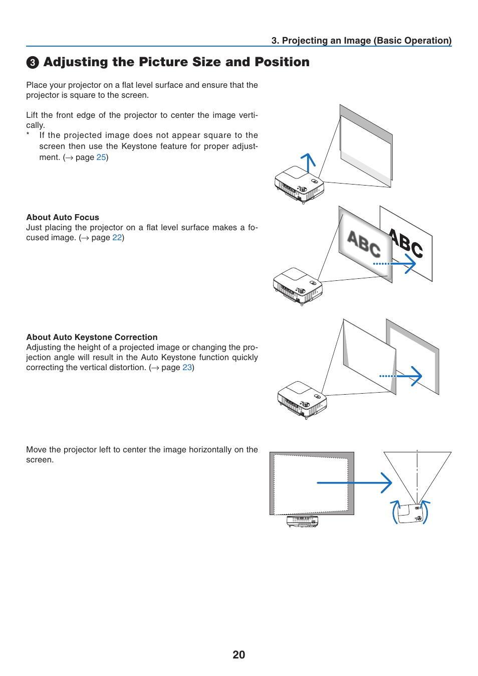 3) adjusting the picture size and position, Adjusting the picture size and position | NEC NP40 User Manual | Page 28 / 74