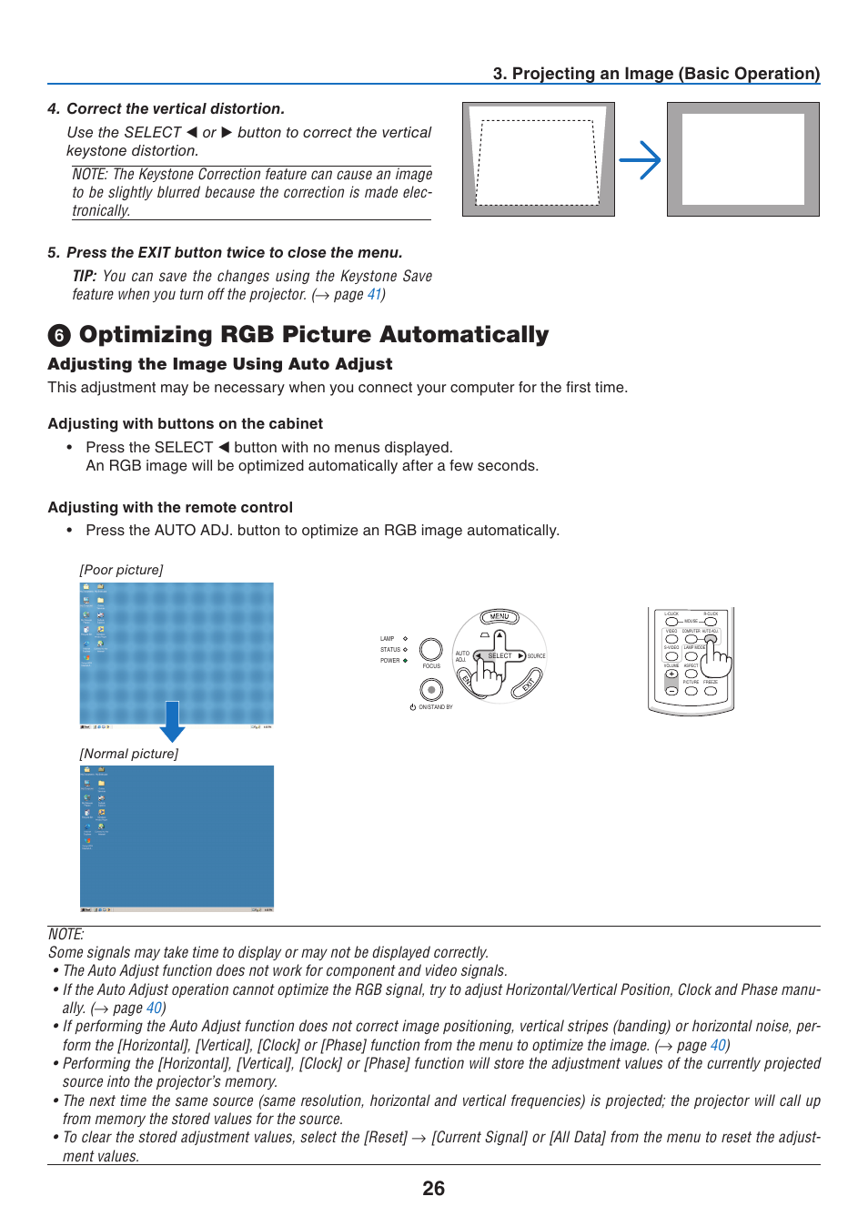 6) optimizing rgb picture automatically, Adjusting the image using auto adjust, Optimizing rgb picture automatically | Projecting an image (basic operation) | NEC NP40 User Manual | Page 34 / 74