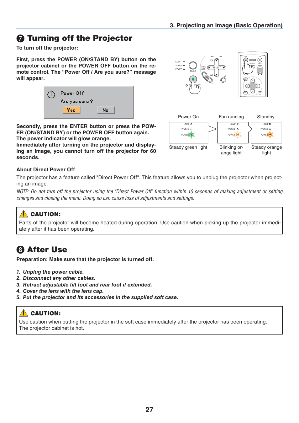 7) turning off the projector, 8) after use, Turning off the projector ❽ after use | Turning off the projector, After use, Projecting an image (basic operation), Caution | NEC NP40 User Manual | Page 35 / 74