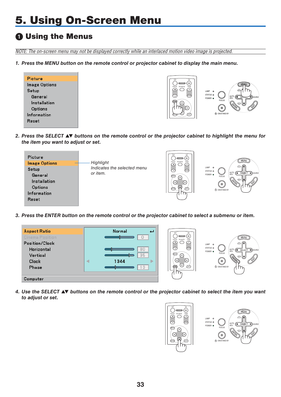 Using on-screen menu, 1) using the menus, Using the menus | Highlight indicates the selected menu or item | NEC NP40 User Manual | Page 41 / 74