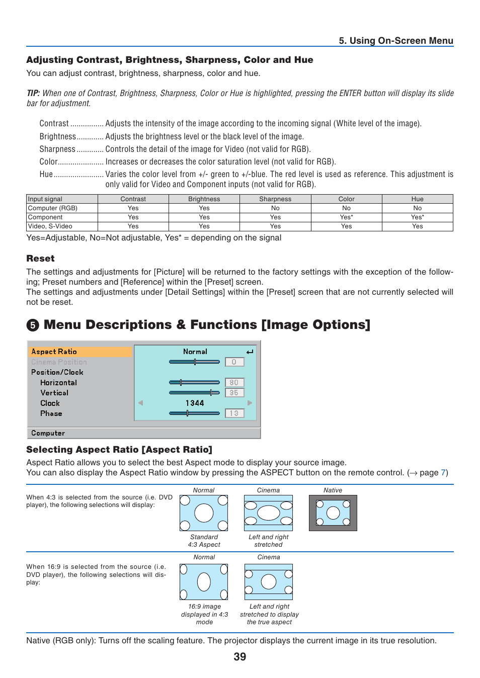 Reset, 5) menu descriptions & functions [image options, Selecting aspect ratio [aspect ratio | Menu descriptions & functions [image options | NEC NP40 User Manual | Page 47 / 74