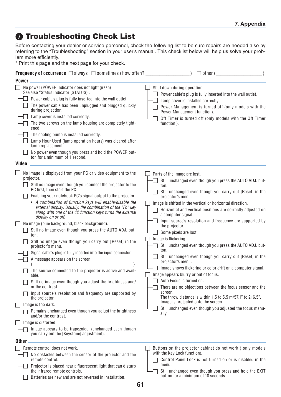 7) troubleshooting check list, Troubleshooting check list, Appendix | NEC NP40 User Manual | Page 69 / 74