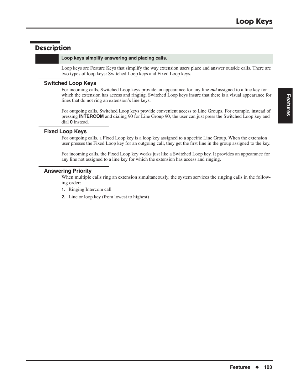 Loop keys, Switched loop keys, Fixed loop keys | Answering priority, Description | NEC P/N 1093099 User Manual | Page 111 / 190