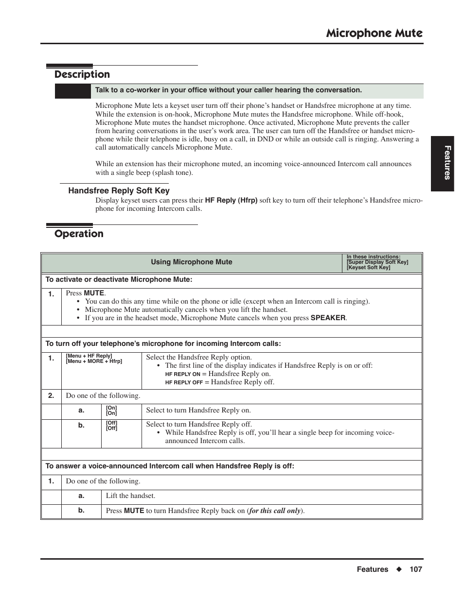 Microphone mute, Handsfree reply soft key, Description | Operation | NEC P/N 1093099 User Manual | Page 115 / 190