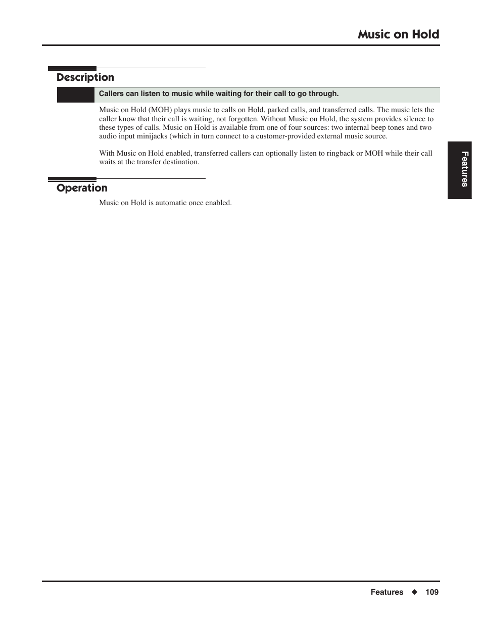 Music on hold, Description, Operation | NEC P/N 1093099 User Manual | Page 117 / 190