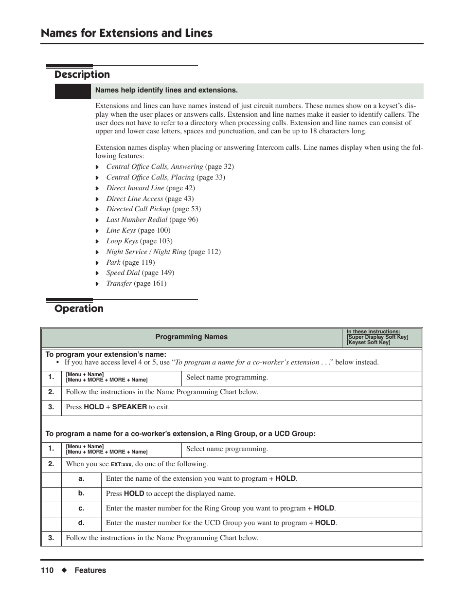 Names for extensions and lines, Description, Operation | NEC P/N 1093099 User Manual | Page 118 / 190