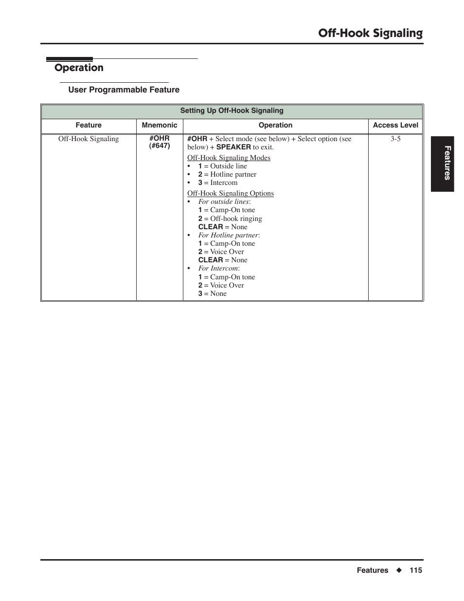 User programmable feature, Off-hook signaling, Operation | NEC P/N 1093099 User Manual | Page 123 / 190