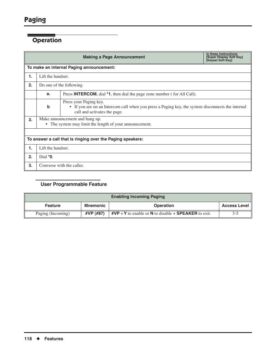 User programmable feature, Paging, Operation | NEC P/N 1093099 User Manual | Page 126 / 190