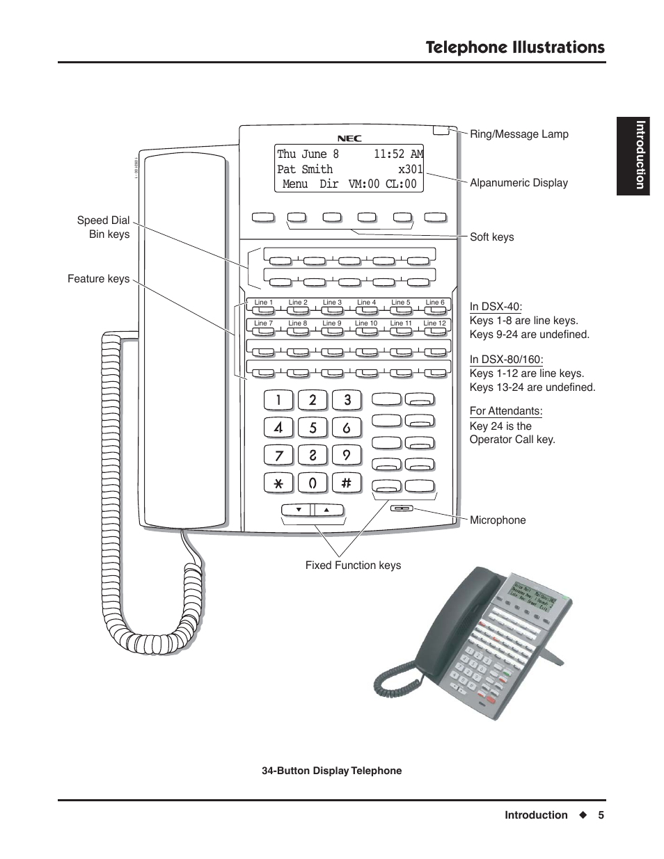 Telephone illustrations, Menu dir vm:00 cl:00, Introduction | Dsx feature handbook introduction ◆ 5 | NEC P/N 1093099 User Manual | Page 13 / 190